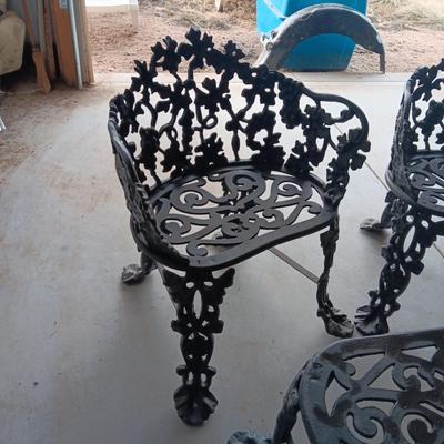 WROUGHT IRON PATIO BENCH, 2 CHAIRS AND A TABLE