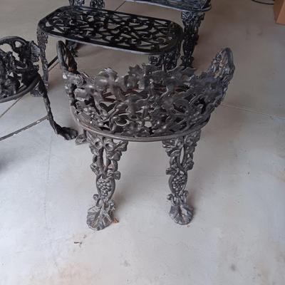 WROUGHT IRON PATIO BENCH, 2 CHAIRS AND A TABLE