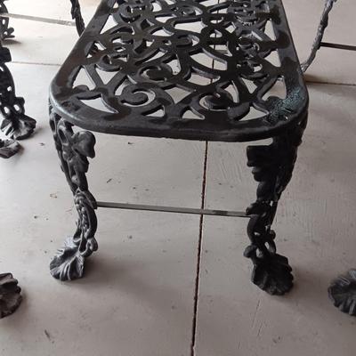 WROUGHT IRON PATIO BENCH, 2 CHAIRS AND A TABLE