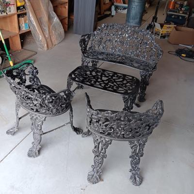 WROUGHT IRON PATIO BENCH, 2 CHAIRS AND A TABLE