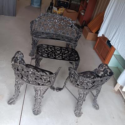 WROUGHT IRON PATIO BENCH, 2 CHAIRS AND A TABLE