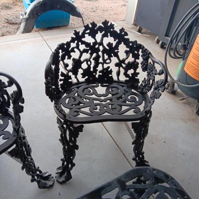 WROUGHT IRON PATIO BENCH, 2 CHAIRS AND A TABLE