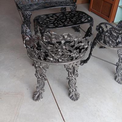 WROUGHT IRON PATIO BENCH, 2 CHAIRS AND A TABLE