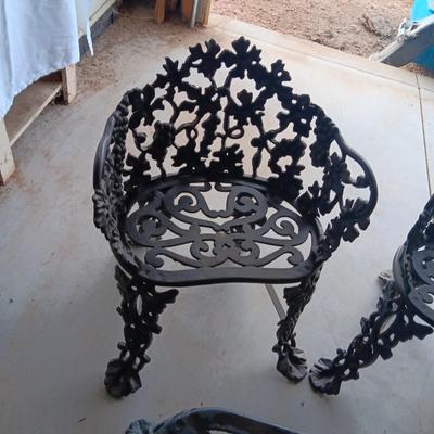 WROUGHT IRON PATIO BENCH, 2 CHAIRS AND A TABLE