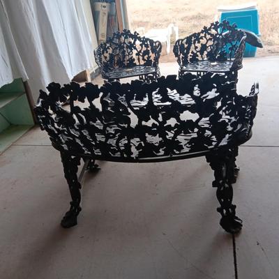 WROUGHT IRON PATIO BENCH, 2 CHAIRS AND A TABLE