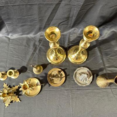 Lot of Vintage Brass Candle Holders, Bell and More!