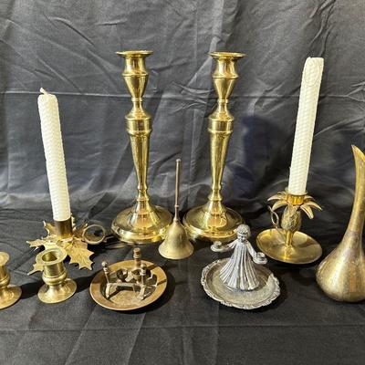 Lot of Vintage Brass Candle Holders, Bell and More!