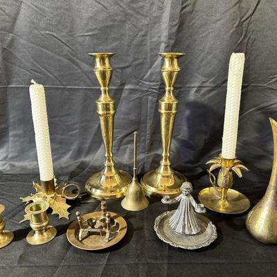 Lot of Vintage Brass Candle Holders, Bell and More!