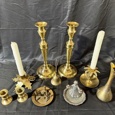 Lot of Vintage Brass Candle Holders, Bell and More!