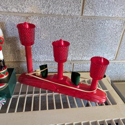 Santa Figure Red Plastic Candelabra & Holiday Lane King Musical Nutcracker Trio