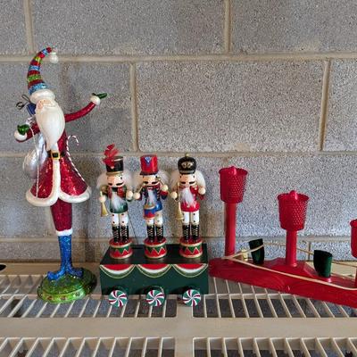 Santa Figure Red Plastic Candelabra & Holiday Lane King Musical Nutcracker Trio