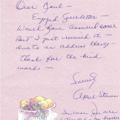 April Stevens handwritten signed letter