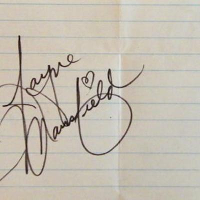 Jayne Mansfield signature slip 
