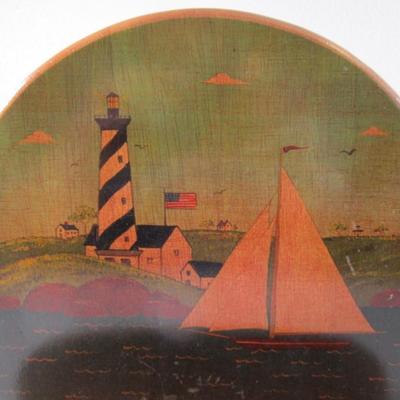 Letter holder with painted lighthouse and sailboats