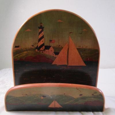 Letter holder with painted lighthouse and sailboats