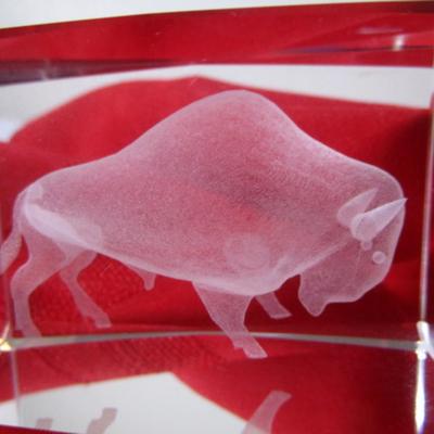 Vintage etched buffalo crystal paperweight