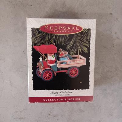 VINTAGE HALLMARK KEEPSAKE ORNAMENTS W/SANTA ON TRACTORS, SEMI AND TRUCK