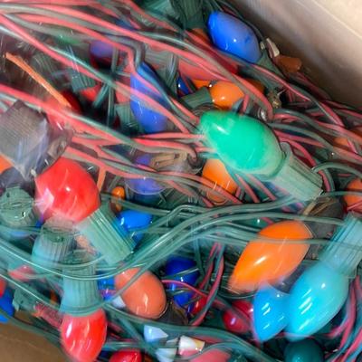 6-1/2’ CHRISTMAS TREE, HUGE BOX OF OLD CHRISTMAS LIGHTS AND A BUNCH OF GIFT BOXES