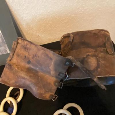 ANTIQUE LINE SPREADERS, ANTIQUE HORSE PICTURE, LEATHER COWBOY CUFFS & LEATHER BRACE