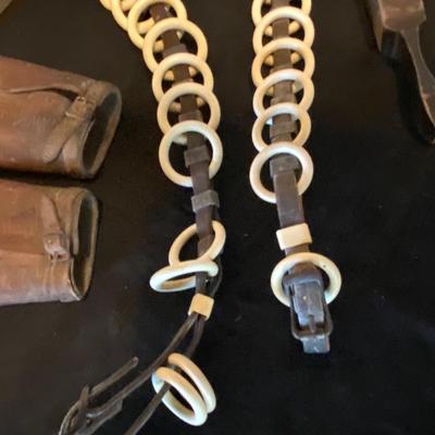 ANTIQUE LINE SPREADERS, ANTIQUE HORSE PICTURE, LEATHER COWBOY CUFFS & LEATHER BRACE