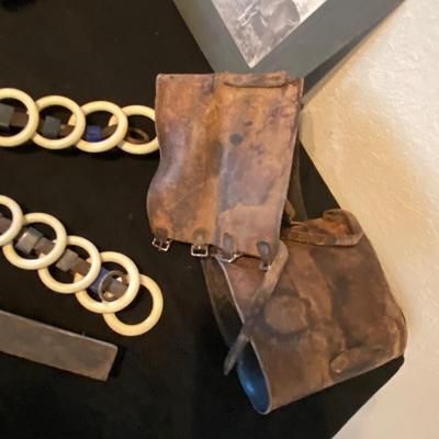 ANTIQUE LINE SPREADERS, ANTIQUE HORSE PICTURE, LEATHER COWBOY CUFFS & LEATHER BRACE