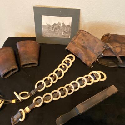 ANTIQUE LINE SPREADERS, ANTIQUE HORSE PICTURE, LEATHER COWBOY CUFFS & LEATHER BRACE