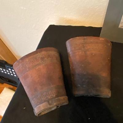 ANTIQUE LINE SPREADERS, ANTIQUE HORSE PICTURE, LEATHER COWBOY CUFFS & LEATHER BRACE