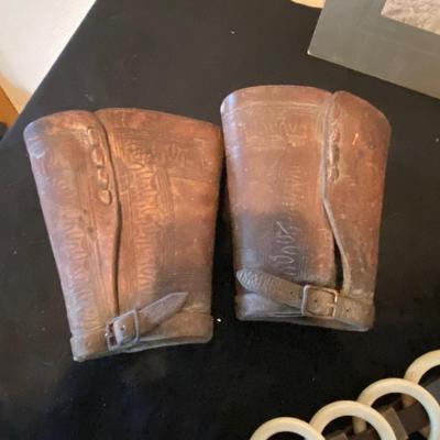ANTIQUE LINE SPREADERS, ANTIQUE HORSE PICTURE, LEATHER COWBOY CUFFS & LEATHER BRACE