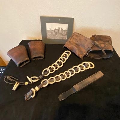 ANTIQUE LINE SPREADERS, ANTIQUE HORSE PICTURE, LEATHER COWBOY CUFFS & LEATHER BRACE