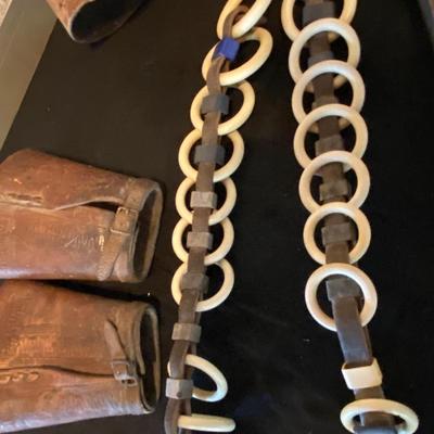 ANTIQUE LINE SPREADERS, ANTIQUE HORSE PICTURE, LEATHER COWBOY CUFFS & LEATHER BRACE
