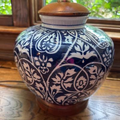 PAIR BLUE WHITE GINGER JAR LAMPS