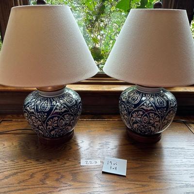 PAIR BLUE WHITE GINGER JAR LAMPS
