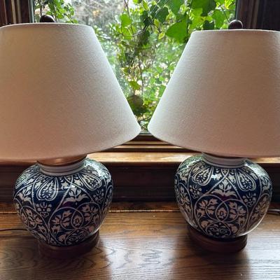 PAIR BLUE WHITE GINGER JAR LAMPS
