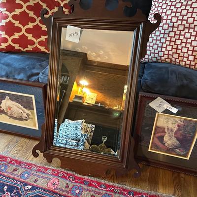 FRAMED TERRIER ART, CHIPPENDALE MIRROR
