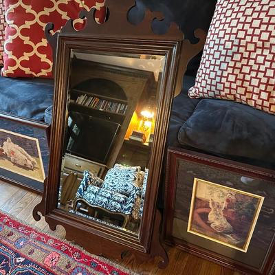 FRAMED TERRIER ART, CHIPPENDALE MIRROR