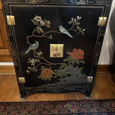 Sale Photo Thumbnail #1158: PAIR BLACK NIGHTSTANDS LAQUERED ASIAN STYLE 23X11X30 1/2"