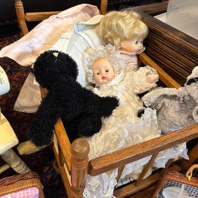 DOLLS, TEA SETS, CRADLE FOR DOLL, CHILDS ROCKER