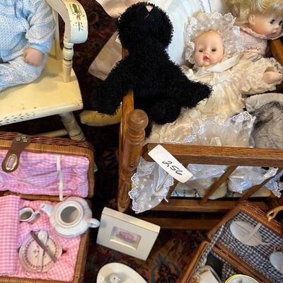 DOLLS, TEA SETS, CRADLE FOR DOLL, CHILDS ROCKER
