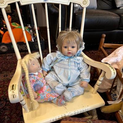 DOLLS, TEA SETS, CRADLE FOR DOLL, CHILDS ROCKER