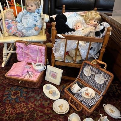 DOLLS, TEA SETS, CRADLE FOR DOLL, CHILDS ROCKER
