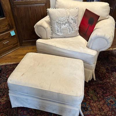 BEIGE UPHOLSTERED CHAIR, OTTOMAN