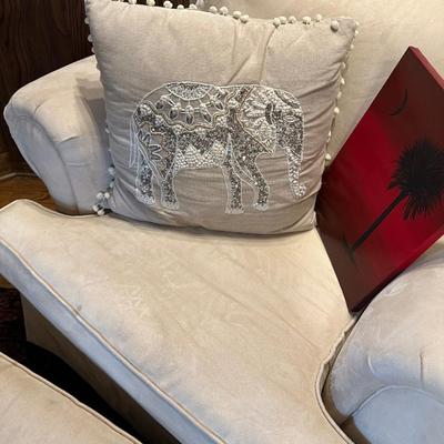 BEIGE UPHOLSTERED CHAIR, OTTOMAN