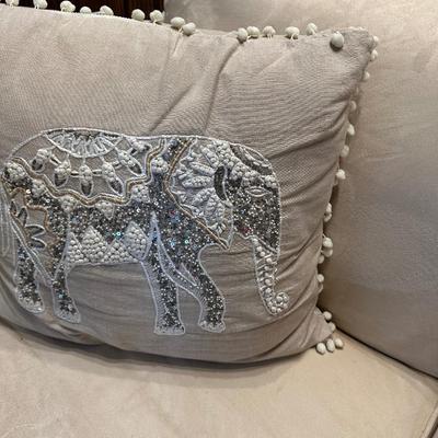 BEIGE UPHOLSTERED CHAIR, OTTOMAN