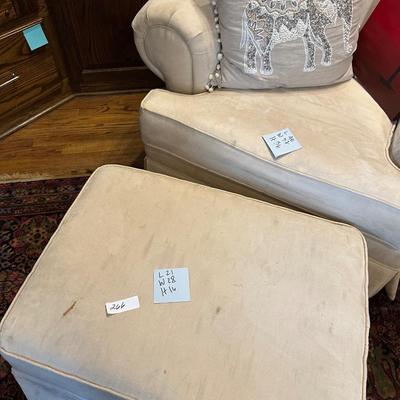 BEIGE UPHOLSTERED CHAIR, OTTOMAN