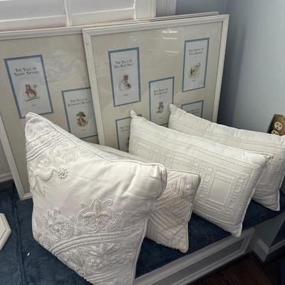 BEATRIX POTTER FRAMED ART, PILLOW LOT