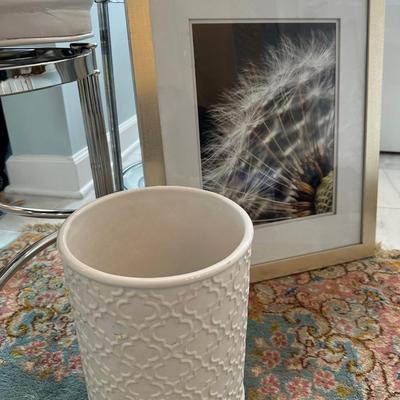 Sale Photo Thumbnail #1609: STOOL(NEEDS UPHOLSTERY), CHROME GLASS SHELF, FRAMED PHOTO TRASH CAN