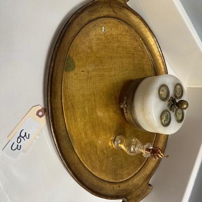 DRESSER TRAY, POWDER BOX, PERFUME BOTTLE AS PICTURED