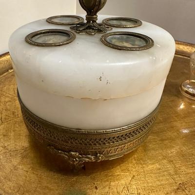 DRESSER TRAY, POWDER BOX, PERFUME BOTTLE AS PICTURED