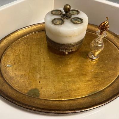 DRESSER TRAY, POWDER BOX, PERFUME BOTTLE AS PICTURED