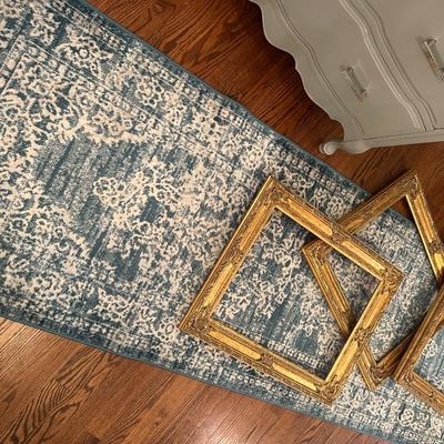 3 GOLD FRAMES, BLUE RUG AS PICTURED